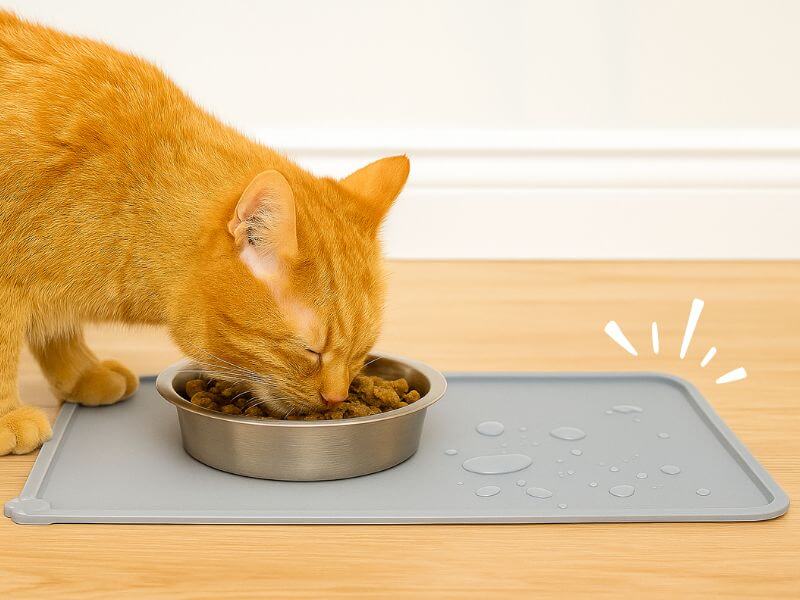 Röd katt äter från en skål på en grå silikonmatta med upphöjda kanter.